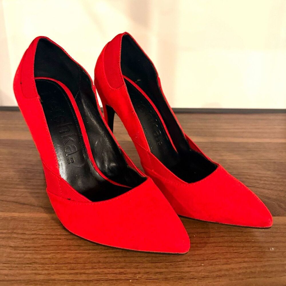 Bershka Women’s Red Faux Suede Pointed Toe Slip On Stiletto Pump Heels 4.5